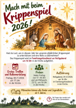 Illustration der Heiligen Familie mit Jesuskind in der Krippe umgeben von Tieren und Sternen, darüber der Text 'Mach mit beim Krippenspiel 2026', darunter Informationen zu Treffen, Proben und Aufführung des Krippenspiels in der Kirche