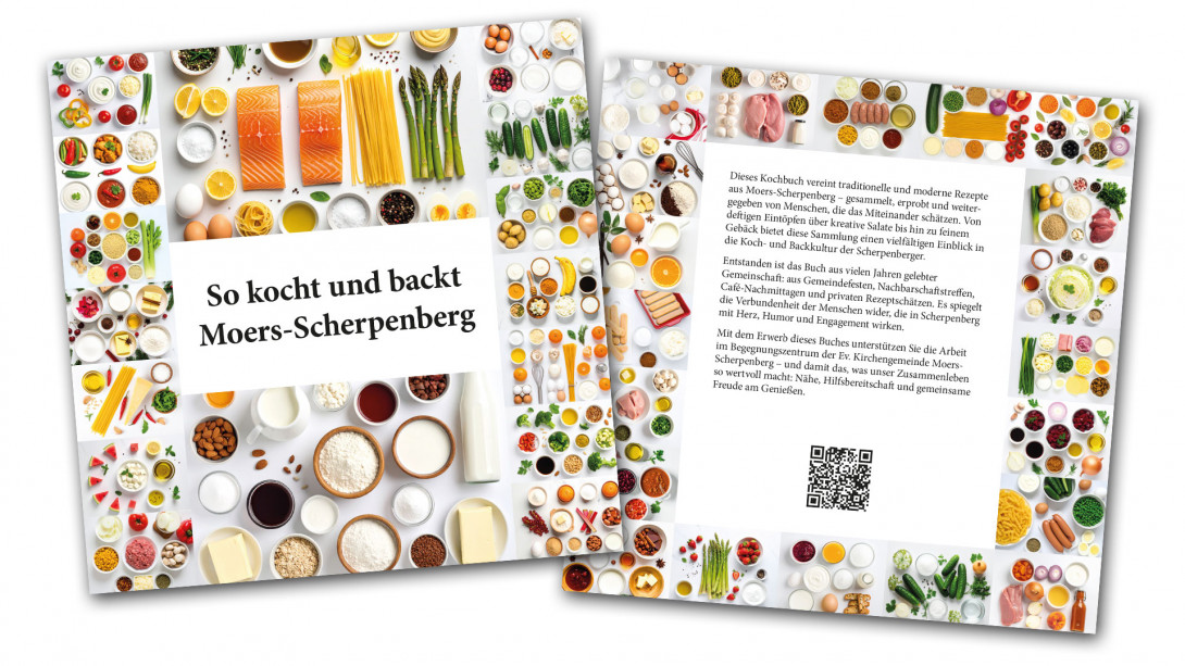 Ein Kochbuch mit dem Titel "So kocht und backt Moers-Scherpenberg" mit Front- und Rückansicht. Auf dem Umschlag sind viele Einzelbilder mit den Zutaten der einzelnen Rezepte zu sehen.