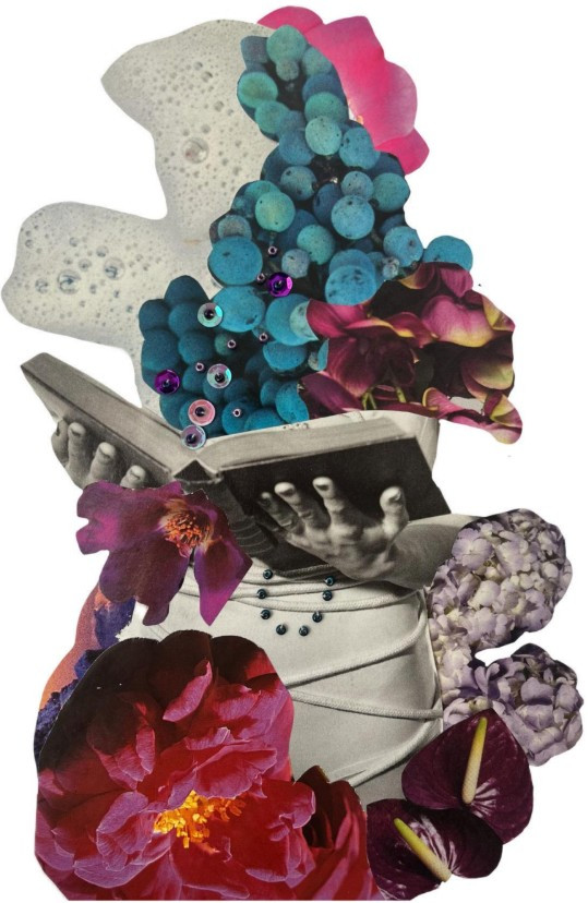 Collage mit Frauenkontur, Buch, Blüten und Schaum.